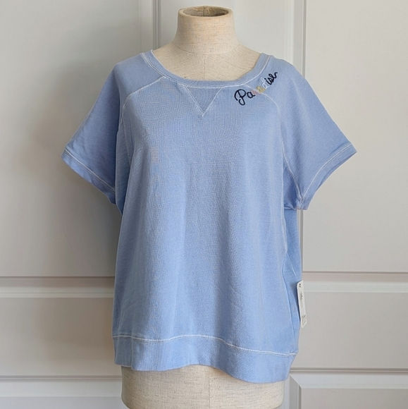 PJ Salvage Paradise Embroider Sweatshirt Short Sleeve Lightweight Sky Blue L NWT - Picture 2 of 11